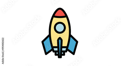 Cartoon rocket ship flying upwards fast.