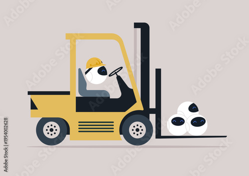 In a modern industrial setting,  robots seamlessly operate advanced machines, showcasing their efficiency and precision, a blue collar labor replaced by tech industry