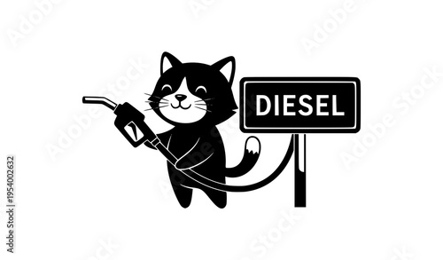 Cute simple cartoon cat with fuel nozzle and diesel sign flat black white vector illustration
