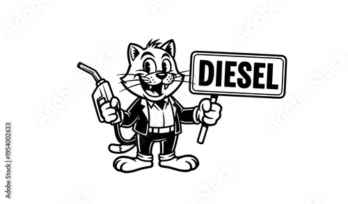 Vintage comic style cat character holding diesel fuel pump sign black and white mascot vector