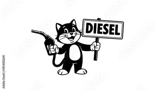 Retro cartoon cat mascot holding diesel fuel sign black and white vintage gas station character vector