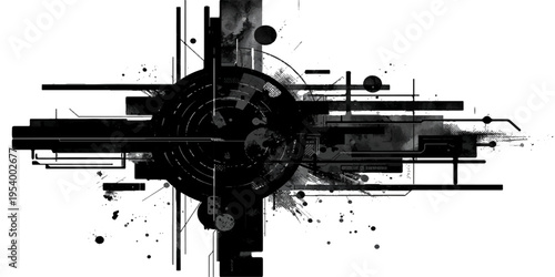 An abstract grunge urban background features an old city skyline where industrial steel machines and vintage factory equipment power the production of a metal engine