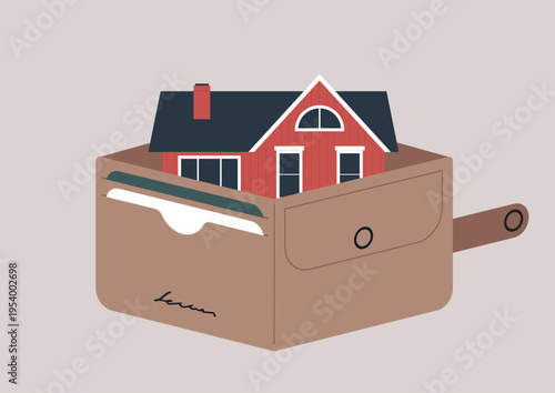 Creative open wallet concept featuring a miniature house nestled among cards, showcasing financial dreams and aspirations for homeownership in a minimalist design