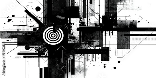 Abstract black and white grunge background design featuring a technical blueprint illustration of an old engine gear and industrial machine concept
