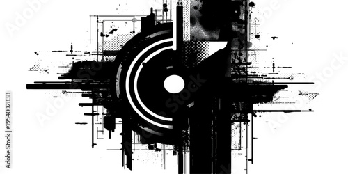 Abstract black and white grunge background featuring a vintage industrial factory silhouette with a power antenna tower and old equipment illustration