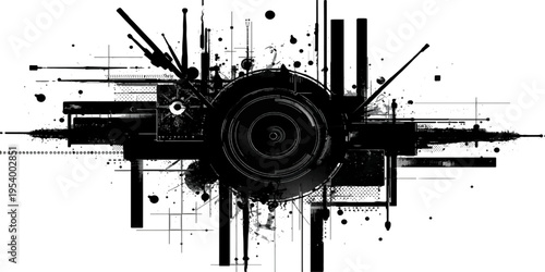 Abstract urban grunge background featuring a retro music speaker silhouette and city ink splatters in a black vector illustration design with frame space for a rock party banner