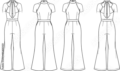 Technical fashion design vector illustration of jumpsuit variations with bow neckline, halter style, fitted waist, wide leg pants