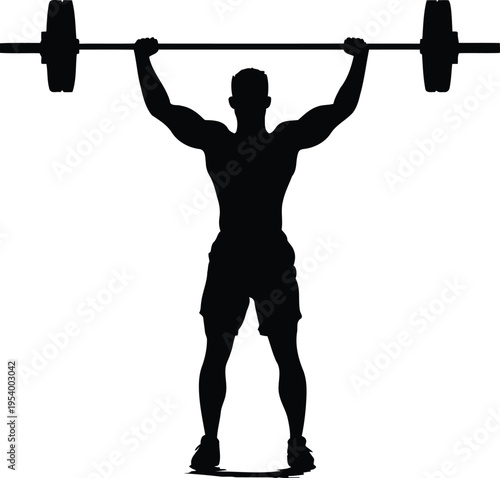 Silhouette of a muscular man performing an overhead barbell lift, showcasing strength and fitness.