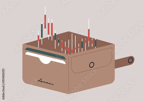An open wallet showcases vibrant financial candle charts and graphs, symbolizing a journey of investment, The colorful data dancing above the wallet, signifying the potential of wealth and prosperity.