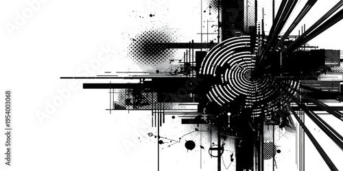 A futuristic digital wallpaper featuring an abstract black grunge texture with a circular gear pattern and vector art elements to create a technology concept for business or music design