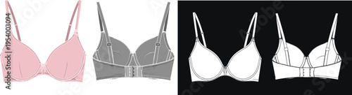 Vector fashion illustration of bra design front and back views, colored and technical line drawings, garment construction, lingerie concept