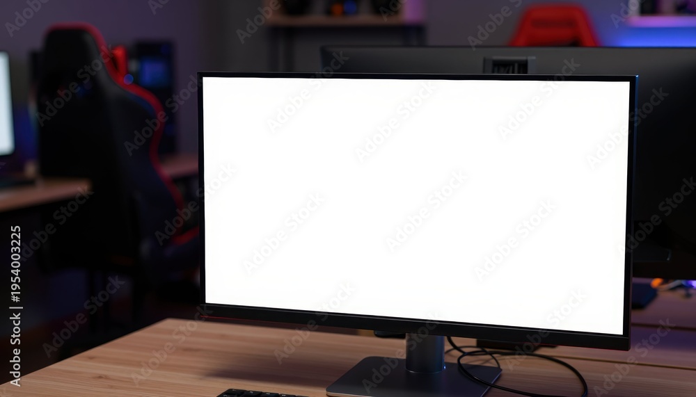Fototapeta premium Empty computer screen display in modern workspace technology environment digital setup informal viewpoint