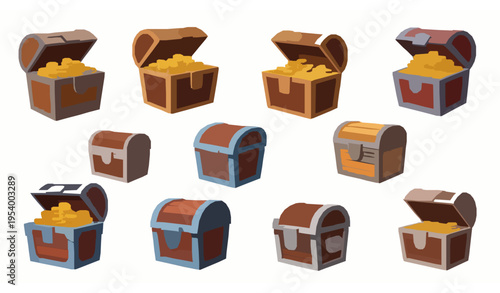 Cartoon treasure chests vector set with open and closed wooden boxes bright colorful fantasy loot illustration