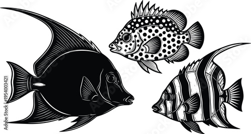 Set of tropical sea fish illustrations, black and white vector silhouettes, marine life collection, exotic underwater animals, isolated on white.