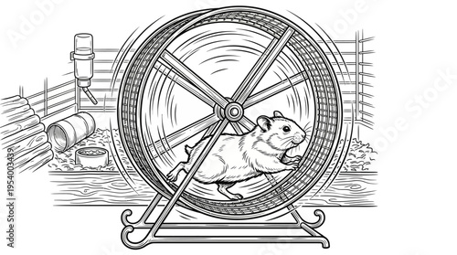 Energetic hamster running fast in an exercise wheel, dynamic black and white illustration showcasing a small pet animal's activity and play.