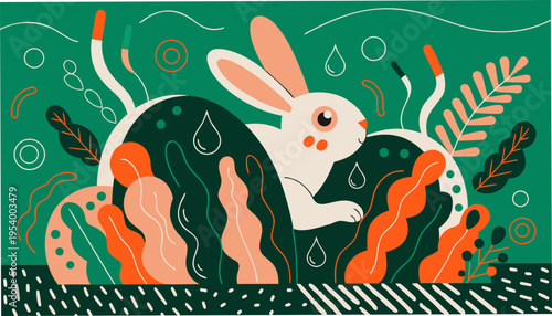 Curious white rabbit peeking from behind a stylized green bush, featuring orange and pink foliage
