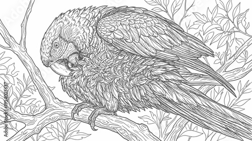 Detailed line art illustration of a tropical parrot perched on a tree branch with lush foliage, perfect for adult coloring books.
