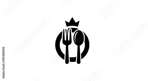Elegant royal cutlery icon featuring a fork, spoon, and crown in a minimalist black and white design for premium dining.