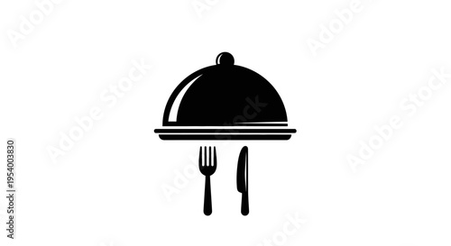 Fine Dining Restaurant Service Icon with Cloche, Fork, and Knife Vector Silhouette