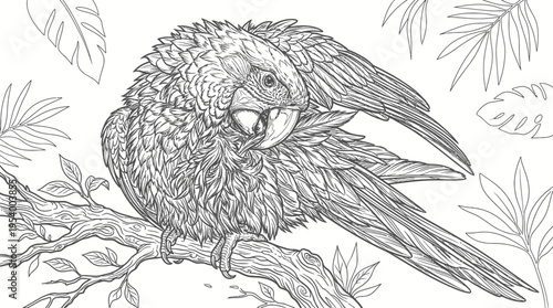 Detailed Line Art Illustration of a Tropical Parrot Preening on a Branch with Jungle Leaves, Perfect for a Coloring Book