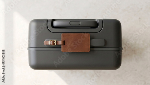 Blank leather luggage tag mockup attached to a dark travel suitcase