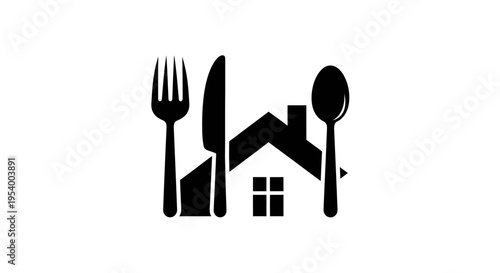 Culinary home dining icon with fork, knife, spoon, and house silhouette for restaurant, food service, or meal delivery design