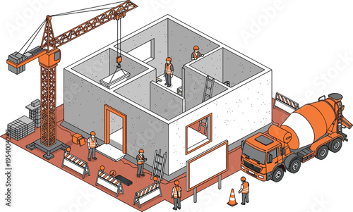 Vector illustration of building construction site, workers with helmets, crane lifting concrete slab, cement mixer truck, barriers, traffic cones, materials