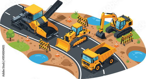Vector illustration of road construction site with bulldozer, excavator, dump truck, motor grader, milling machine, traffic cones, barricades, heavy equipment