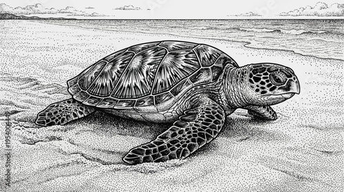 Monochromatic stipple art drawing of a sea turtle crawling on a sandy beach towards the ocean, detailed nature illustration.