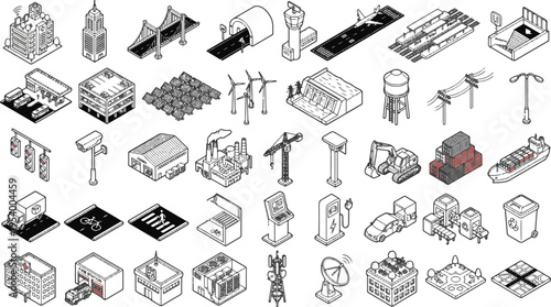 ২. Vector isometric icons of urban architecture renewable energy telecommunication and public utilities.