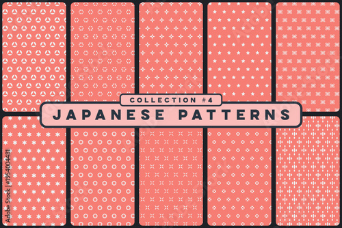 Japanese traditional seamless patterns coral red floral geometric motifs