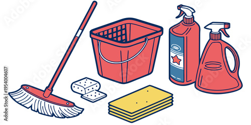 A variety of cleaning supplies arranged on a white background
