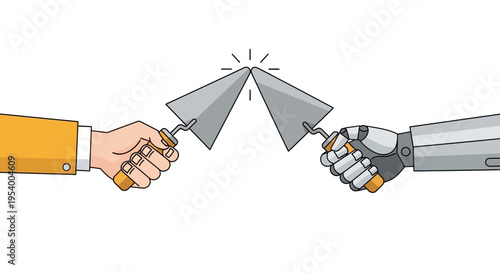 Human and Robotic Hand Clinking Construction Trowels as a Symbol of Collaboration and AI Integration in Building and Masonry Industry