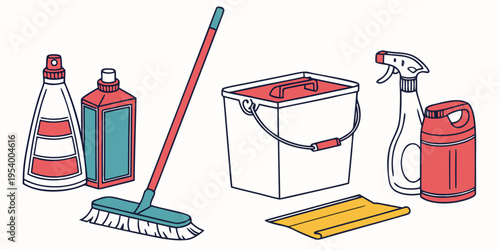 An assortment of cleaning supplies arranged on a white background