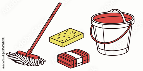 A variety of cleaning tools including a mop, sponge, bucket, and brush.