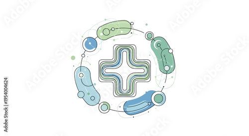 Abstract Medical Cross Surrounded by Microscopic Organisms.