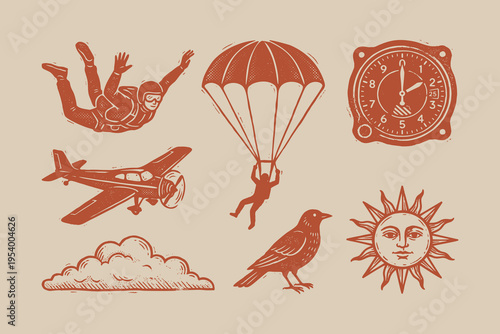 Vintage Aviation and Skydiving Linocut Illustration Set