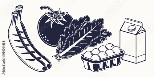 Assorted fresh fruits, vegetables, and dairy products on a table