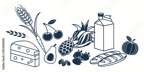 Assorted healthy food items including fruits, vegetables, and dairy products