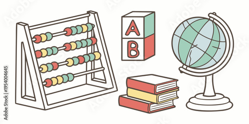 A variety of educational items including an abacus, globe, and books.