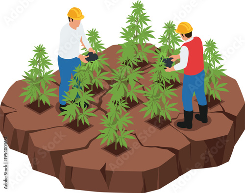 Vector illustration of workers with hard hats inspecting cannabis plants, cracked soil background, agriculture, farming, cultivation, industrial agriculture concept