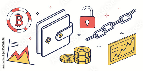 Illustration of various cryptocurrency and financial elements