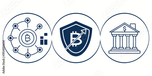 Cryptocurrency, security, and financial institution icons representing blockchain technology.