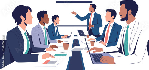 Diverse business professionals collaborate during a presentation around a large.