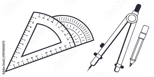 A variety of geometric drawing tools including a protractor, compass, and set square.