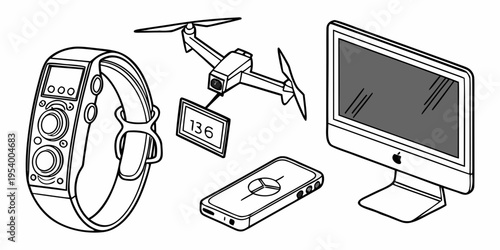 A collection of modern technology devices including a smartwatch, drone, tablet, and computer monitor