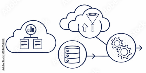 Illustration of cloud computing and data processing with various icons
