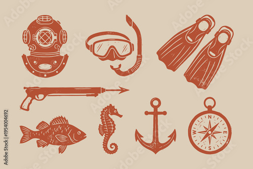 Vintage Underwater Diving and Nautical Vector Illustration Set
