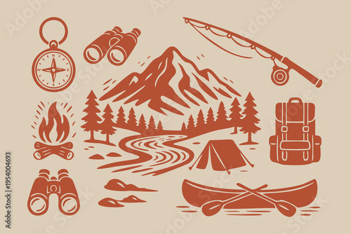 Vintage Outdoor Adventure and Camping Icon Set