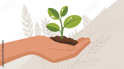 Hand gently holds a small seedling growing from rich soil symbolizing future.